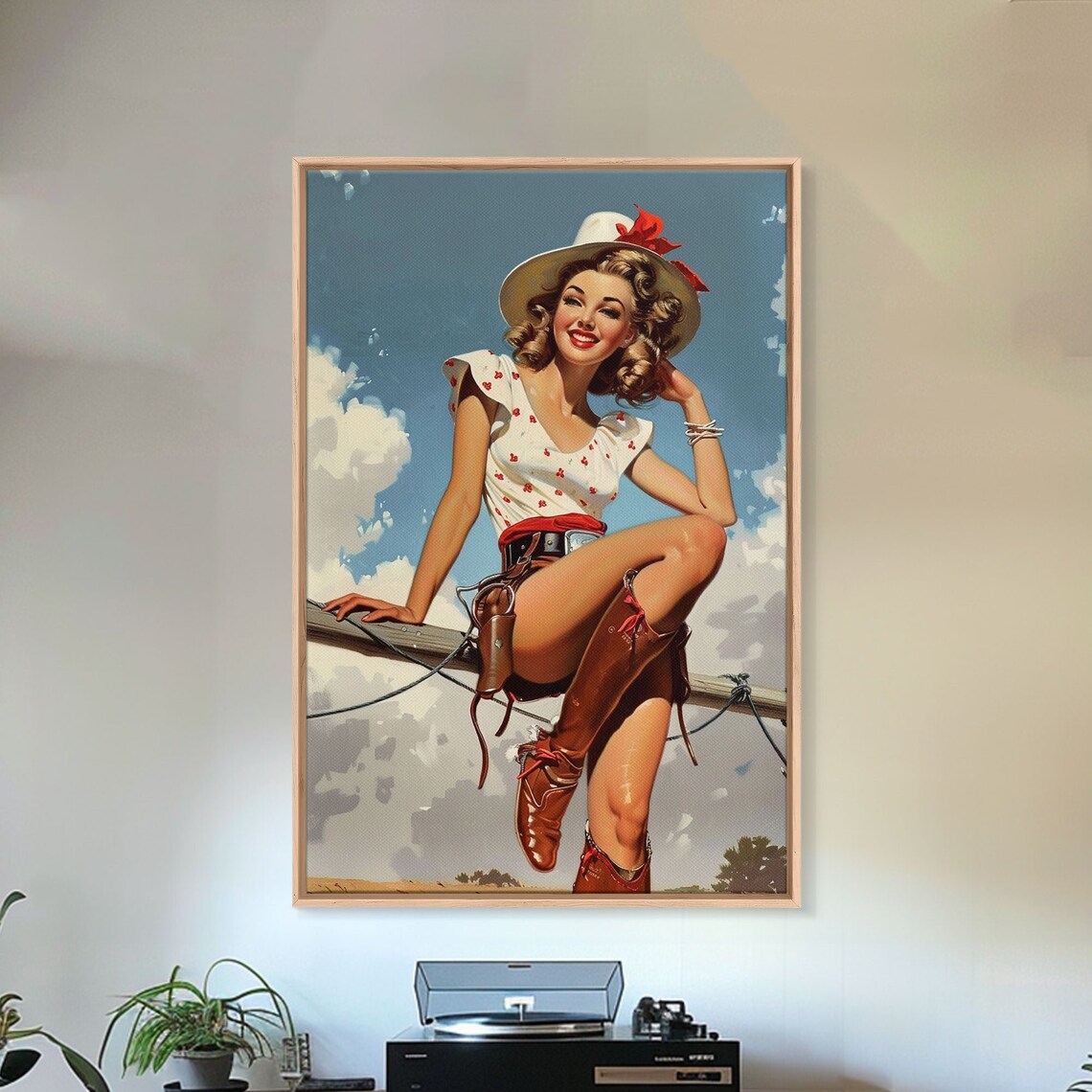 Vintage Cowgirl Pin Up Cowboy Hat Fence Blue Sky Retro Art Poster - Image 2