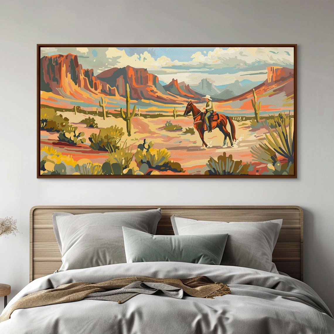 Cowboy Riding Through Red Rock Desert Canyon Saguaro Cactus Art Poster