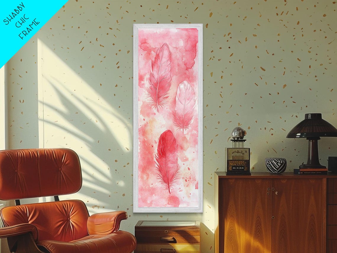 Three Pink Watercolor Feathers Minimalist Vertical Botanical Wall Art - Image 5