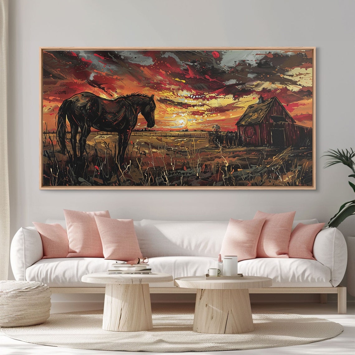 Dark Horse At Sunset Red Barn Fiery Red Orange Dramatic Sky Wall Art - Image 4