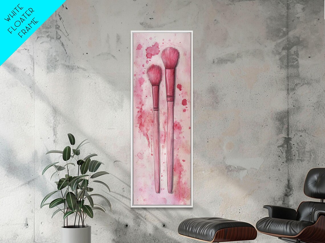 Pink Makeup Brushes Watercolor Vertical Tall Skinny Glam Vanity Wall Art - Image 5