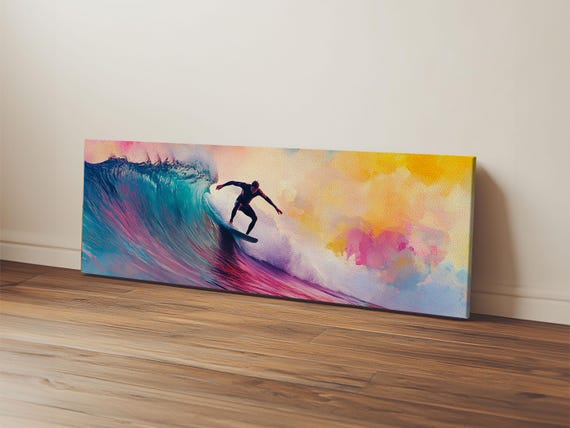 Framed Print Of Vibrant Surf Wall Art With Pink Orange Waves Coastal Decor Nautical Painting Gift Idea Above Sofa Art