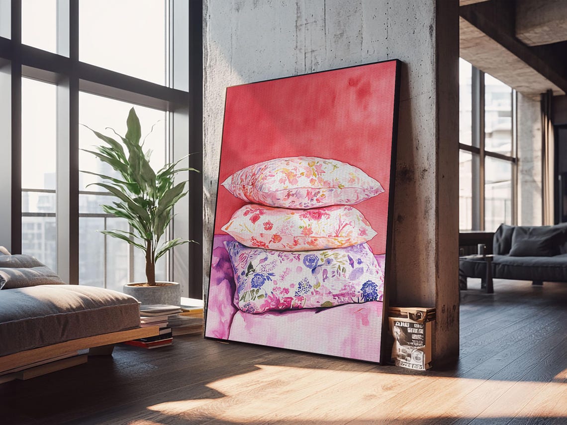 Floral Pillows Stack Watercolor Cozy Pink Bedroom Wall Art Poster - Image 4