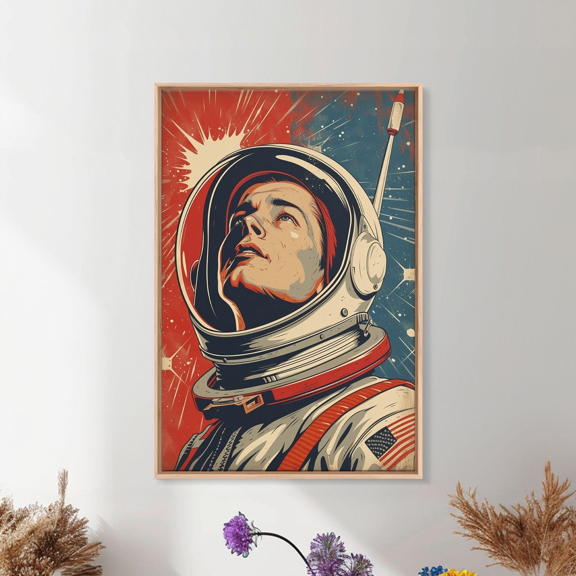 Vintage Pop Art Astronaut Looking Up Red Starburst Space Wall Art - Image 5