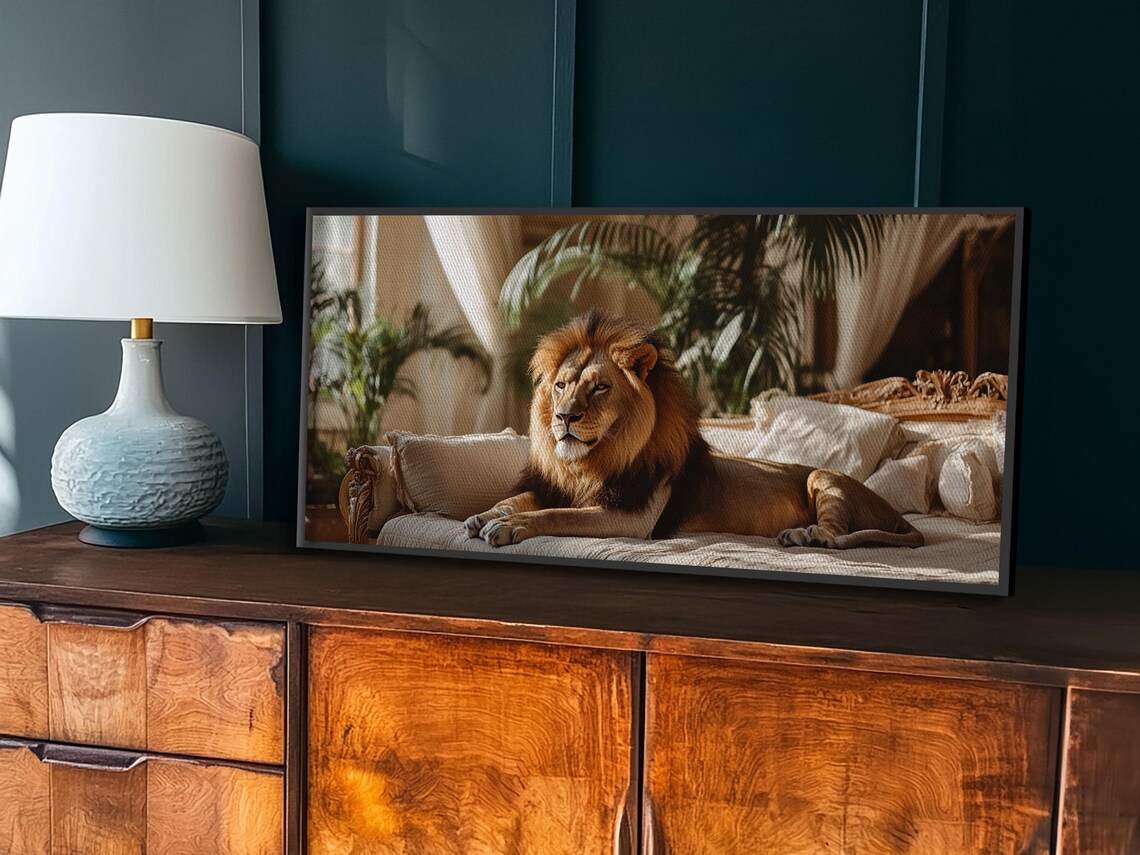 Majestic Lion Lounging Vintage Sofa Sunlit Conservatory Wildlife Art Poster