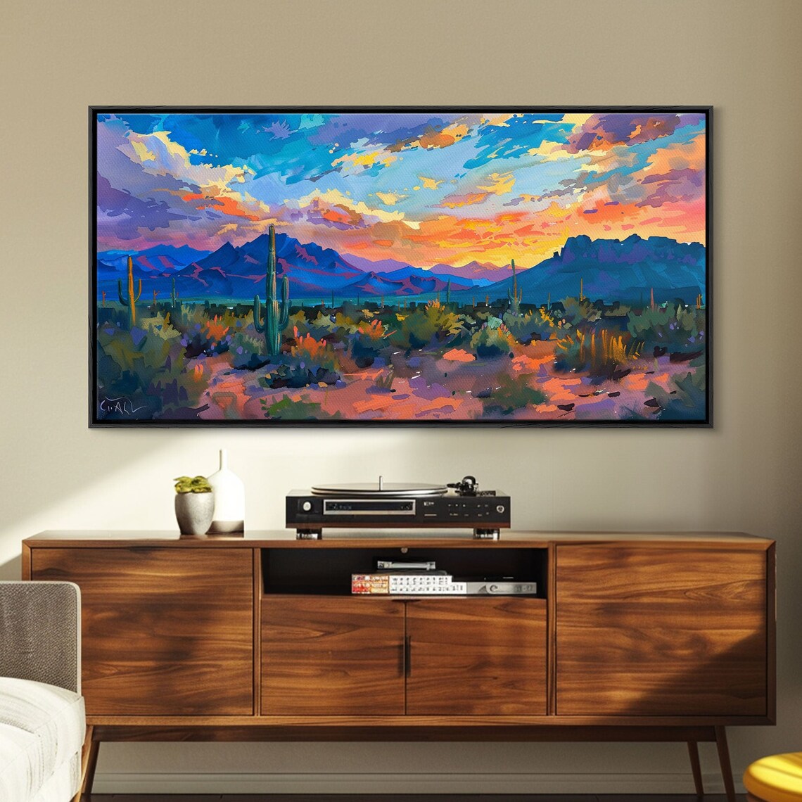 Monument Valley Sunset With Tall Cacti Framed Print For Living Room Art Perfect For Boho And Southwestern Decor