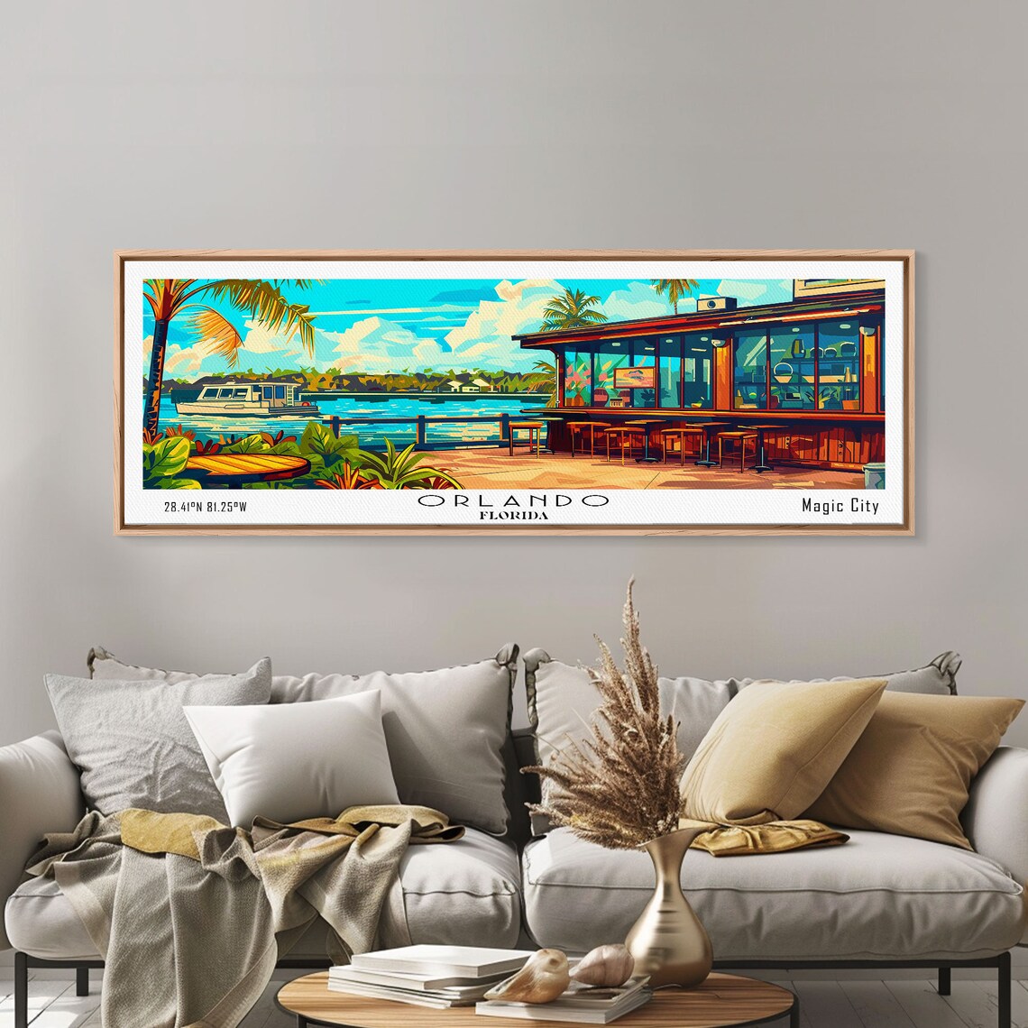 Orlando Florida Lakeside Bar Palm Trees Boat Sunset View Travel Poster - Image 3