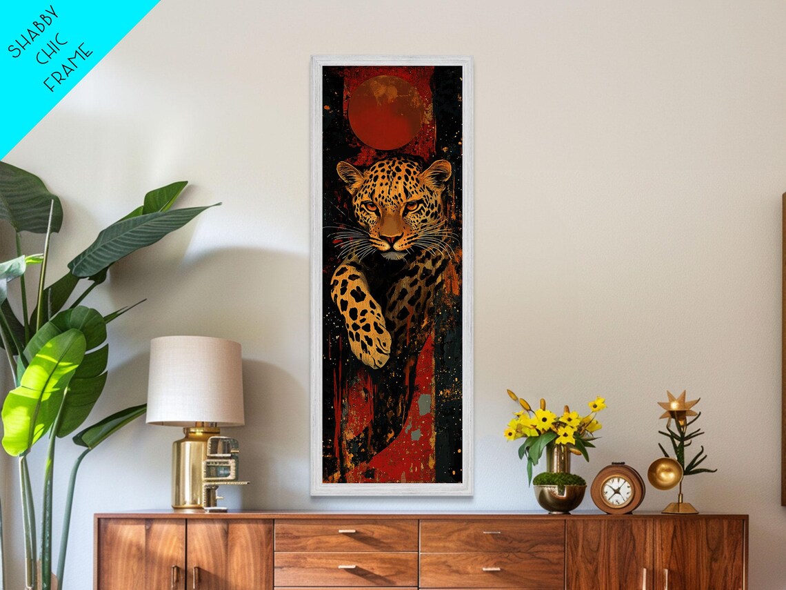 Leopard Leaping Red Moon Dark Textured Background Bold Wildlife Art Poster - Image 5