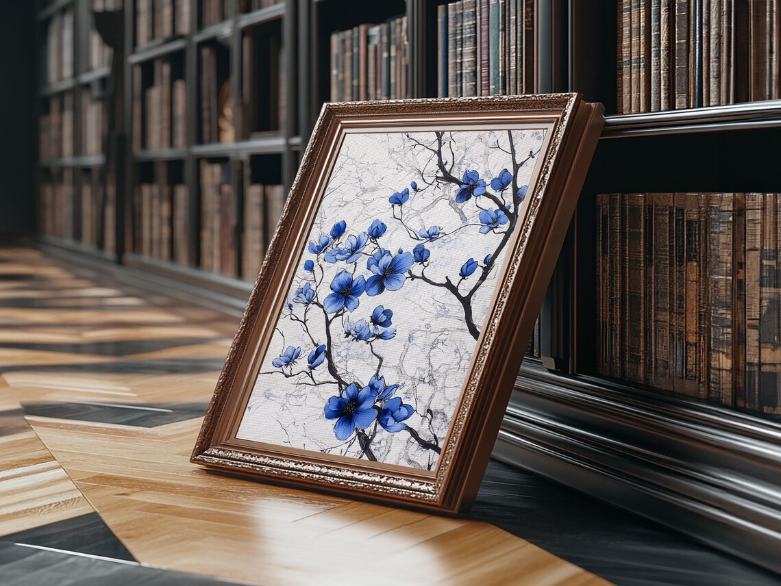 Blue Blossom Branches Wabi Sabi Japanese Floral Ink Marble Art Poster