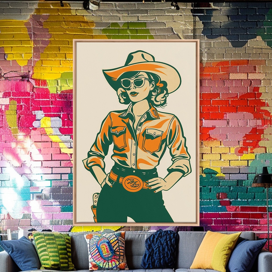 Retro Cowgirl With Sunglasses Vintage Western Illustration Poster - Image 3
