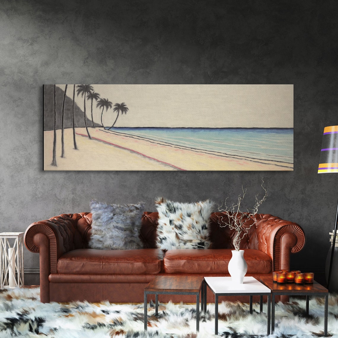 Minimalist Beach Art Print Seashore Shoreline Ocean Plam Trees Tropical Beach Wall Decor Panoramic Wall Art Print - Image 3