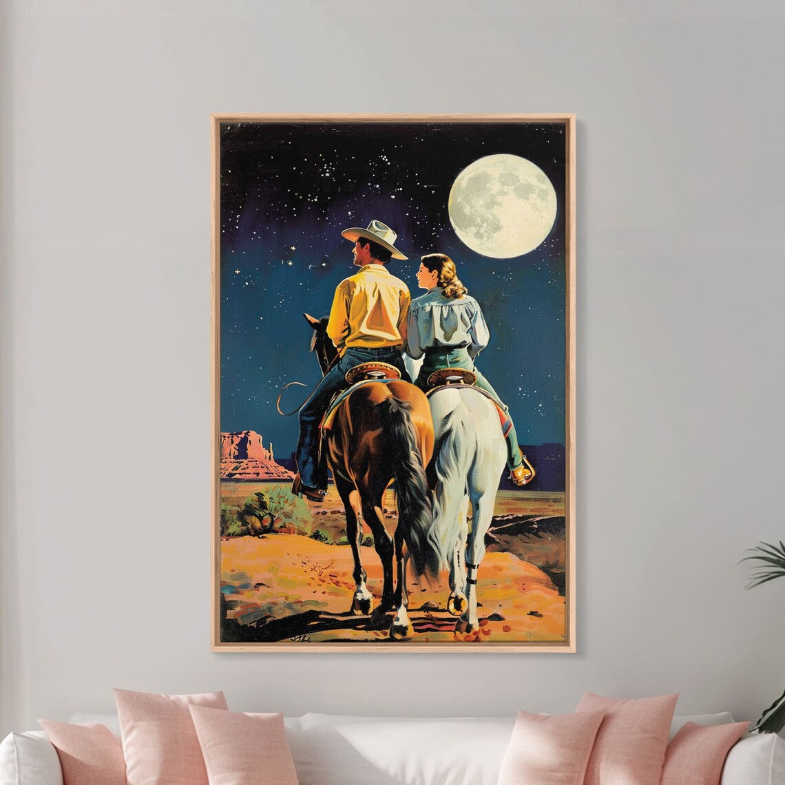 Cowboy Couple On Horseback Gazing At Moon In Desert Night Poster - Image 2