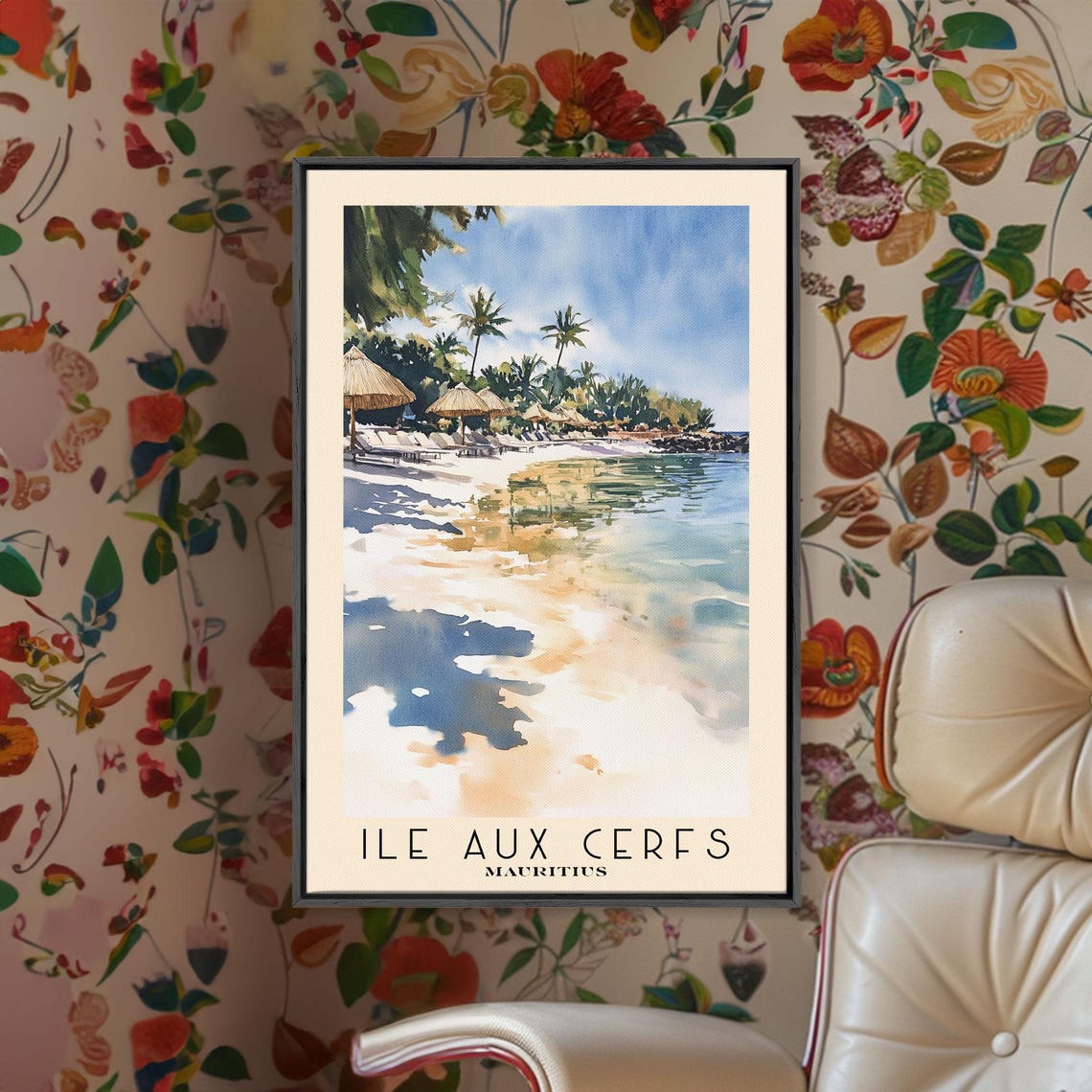 Ile aux Cerfs Mauritius Palm Beach Umbrellas Watercolor Island Poster - Image 2