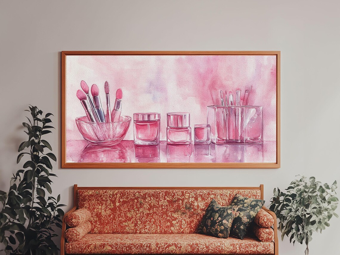 Pink Makeup Brushes Still Life Watercolor Vanity Beauty Room Poster - Image 4