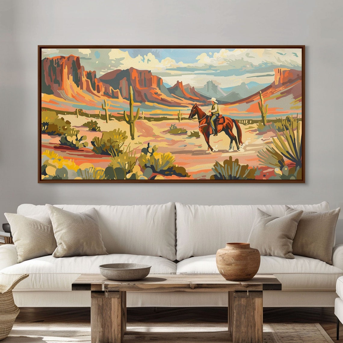 Cowboy Riding Through Red Rock Desert Canyon Saguaro Cactus Art Poster - Image 5