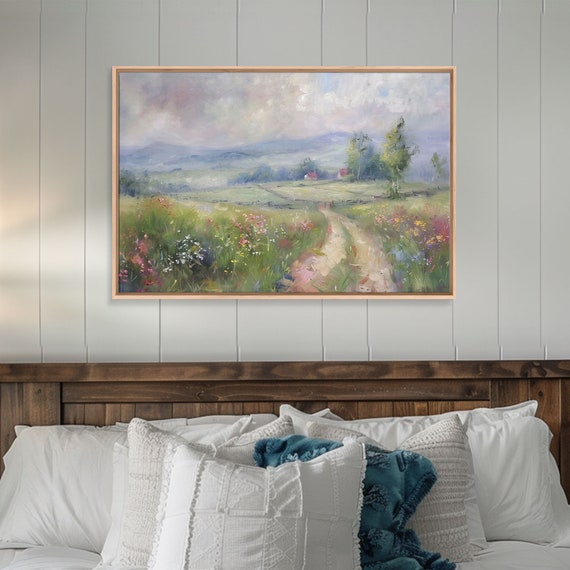 Farmhouse Landscape Painting Print Wood Frame Art Wall Art Large Print Home Decor Landscape Painting Colorful Boho Decor