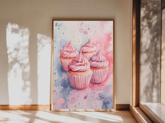 Pink Frosted Cupcake Painting On Framed Print Whimsical Art Food Review Kitchen Art Living Room Art Guest Room Decor