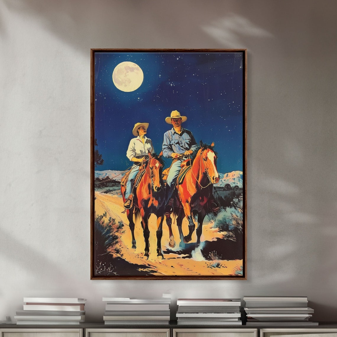 Cowboys Riding Horses Under Moonlight In Starry Night Western Poster - Image 4
