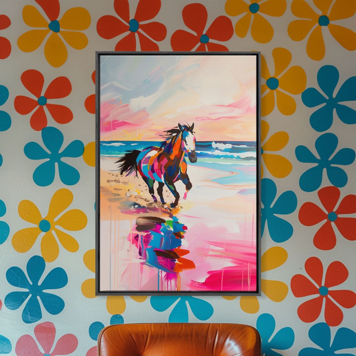 Vibrant Colorful Horse Galloping On Beach At Sunset Art Poster - Image 4