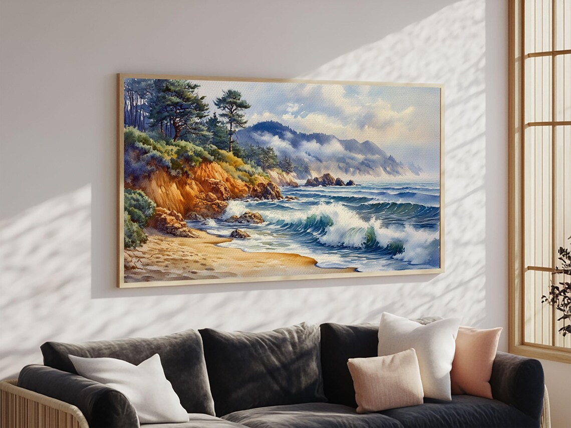 Scenic Coastal Cliffs Pine Trees Crashing Waves Sandy Cove Panoramic Poster - Image 4