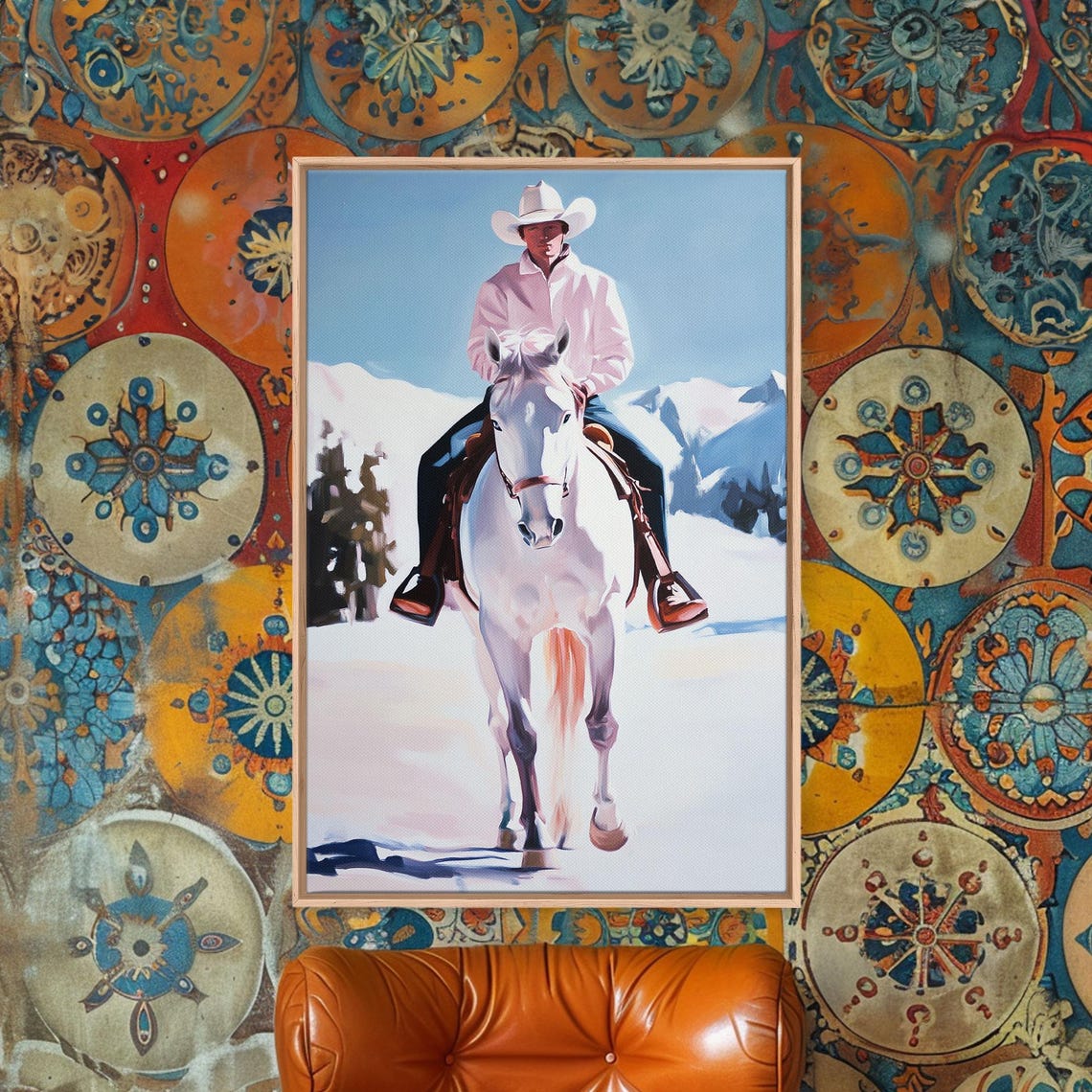 Lone Cowboy On White Horse In Snowy Landscape Print Winter Christmas Art Seasonal Wall Art Vintage Christmas Moody Landscape Gift - Image 2