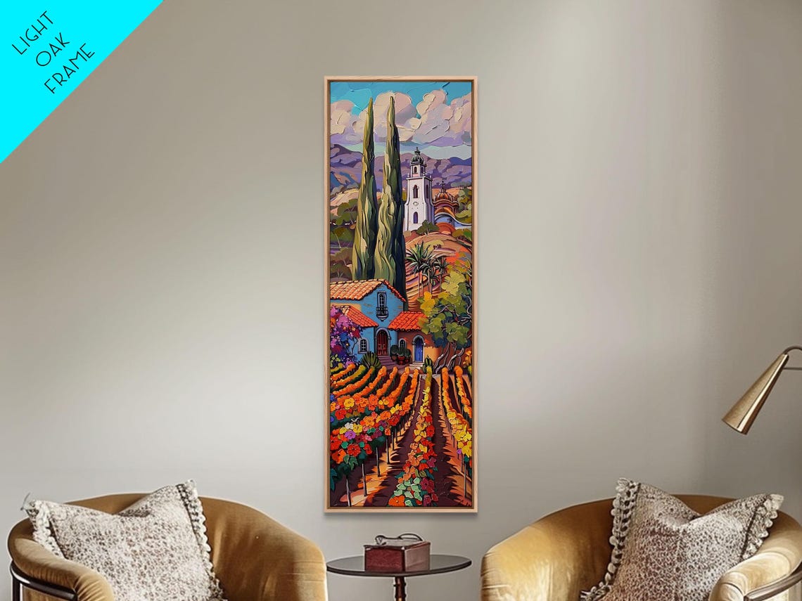 Tuscan Vineyard Rows Villa Bell Tower Cypress Trees Landscape Poster