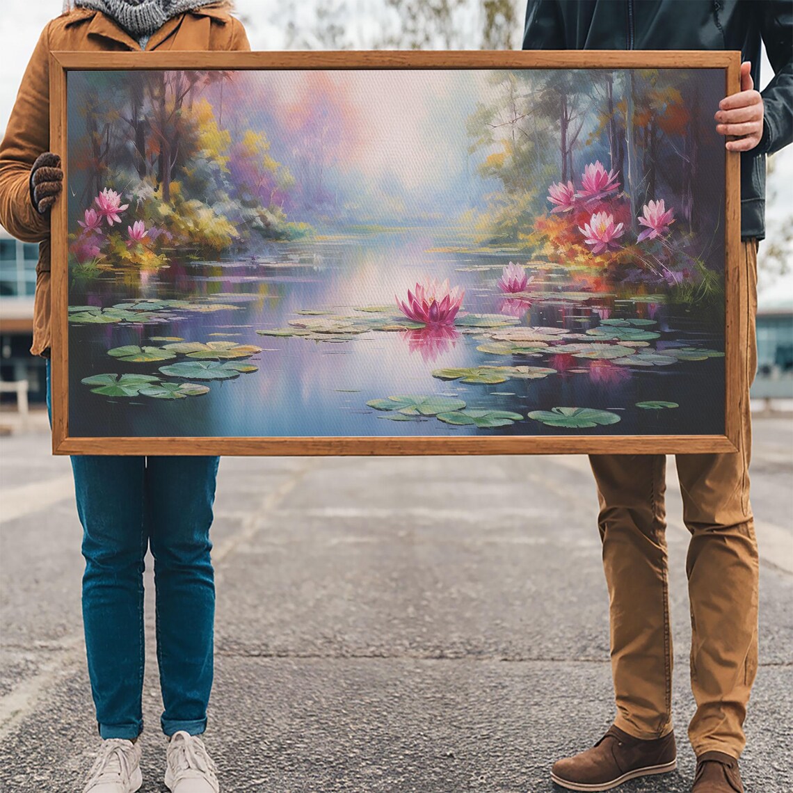 Water Lily Pond Pink Lotus Flowers Lily Pads Misty Garden Panoramic Wall Art Print - Image 3