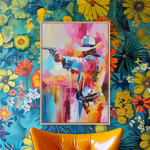 Dynamic Cowboy With Gun Framed Print Action Packed Western Art Bold Cowboy Wall Art For Living Room Decor