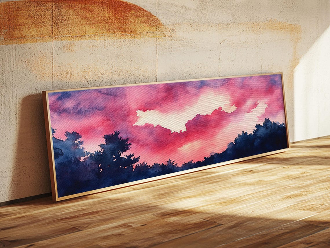 Forest Sunset Magenta Sky Silhouette Moody Nature Canvas Wall Art - Image 3