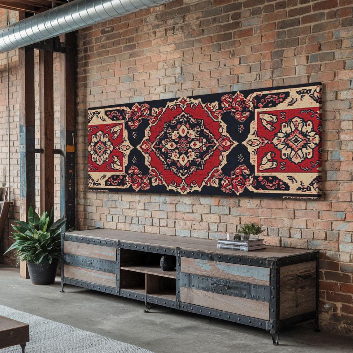 Vintage Red Navy Persian Rug Tapestry Pattern Panoramic Art Print