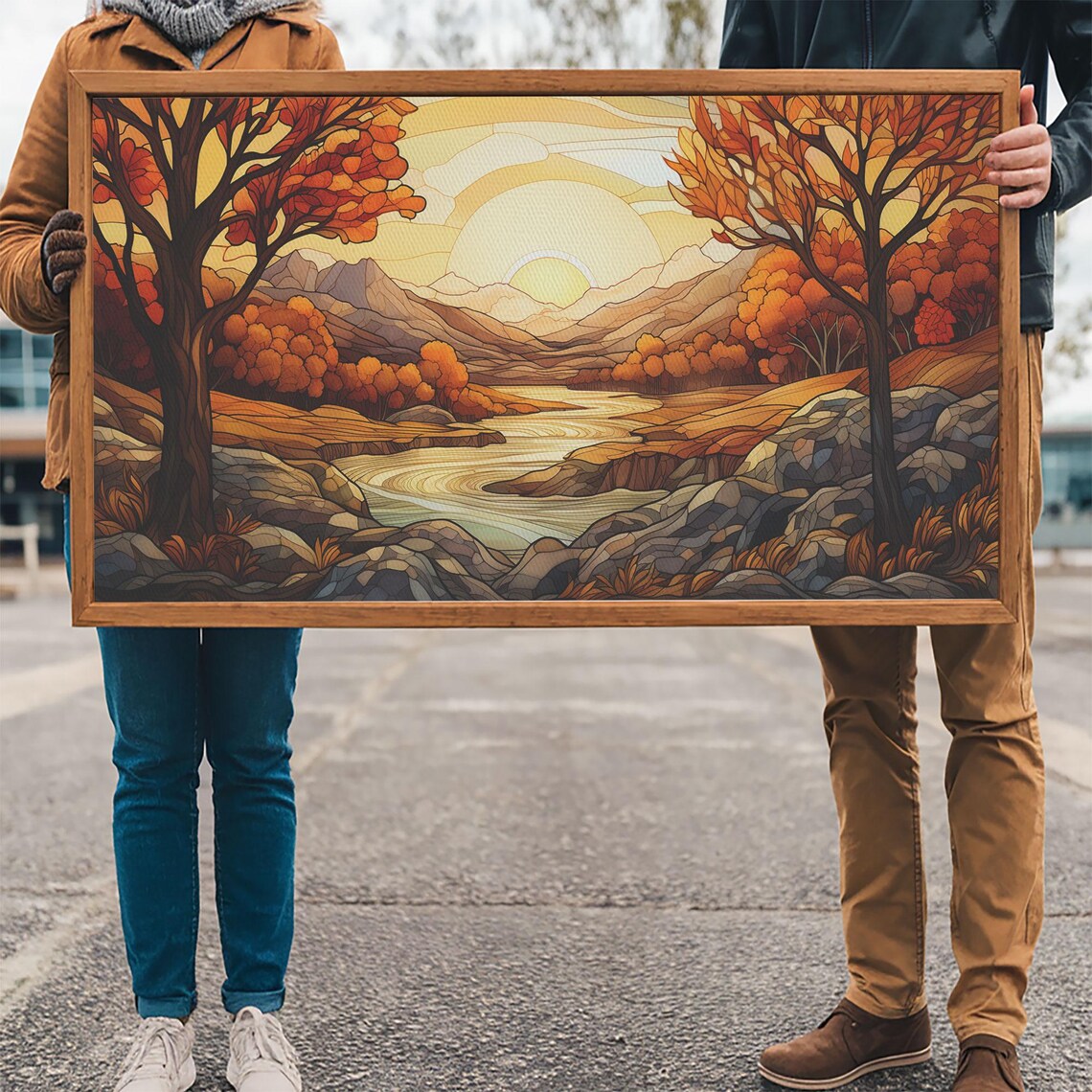 Stained Glass Autumn Sunrise Mountain River Landscape Art Poster - Image 3