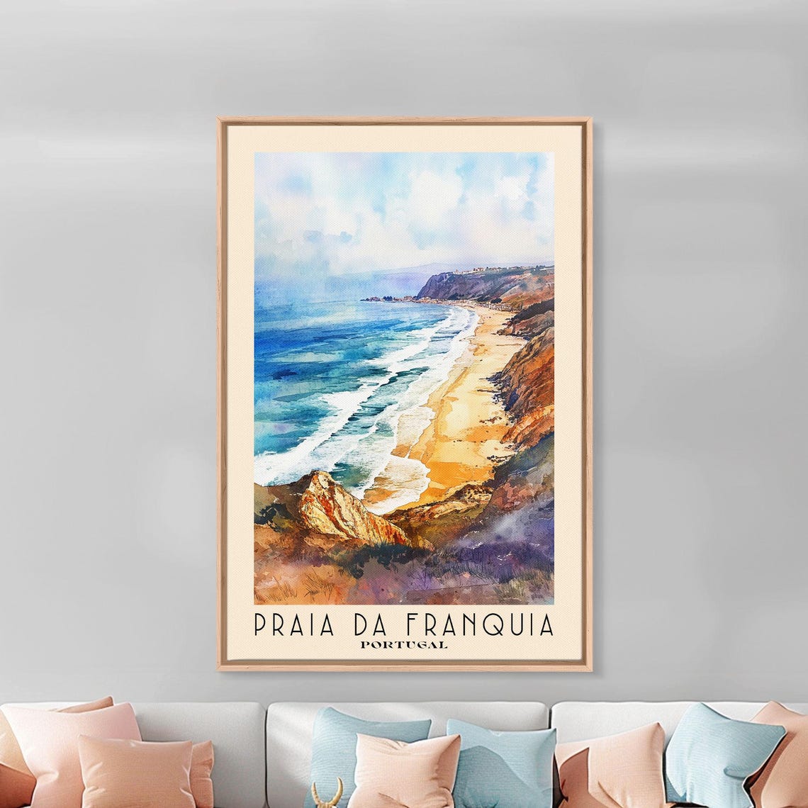 Praia Da Franquia Portugal Watercolor Print Vacation Gift Portugal Wall Art Beach Painting Beach Decor Large Wall Art Wood Frame Art - Image 3