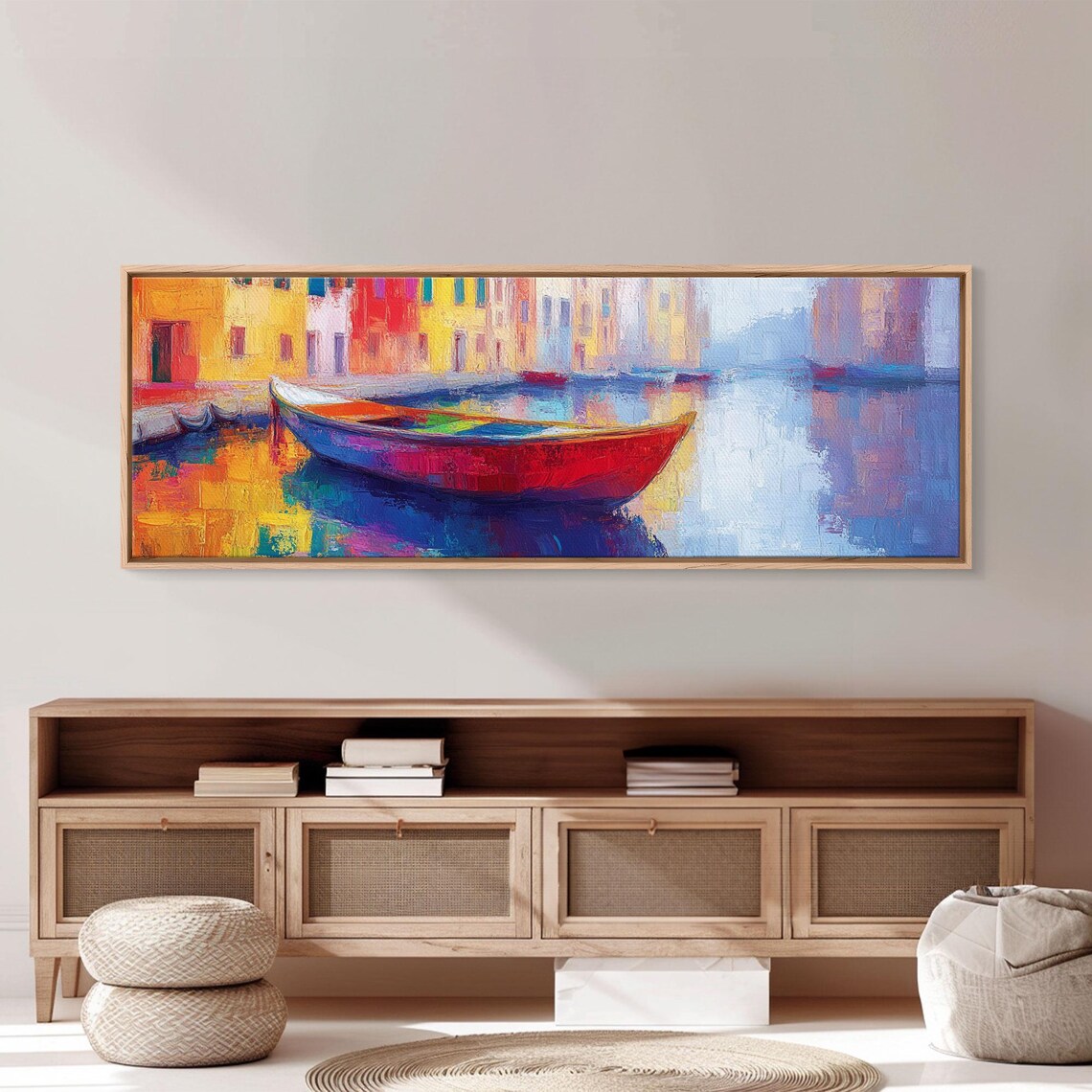 Red Boat On Colorful Canal Waterfront Vibrant Oil Travel Poster - Image 2