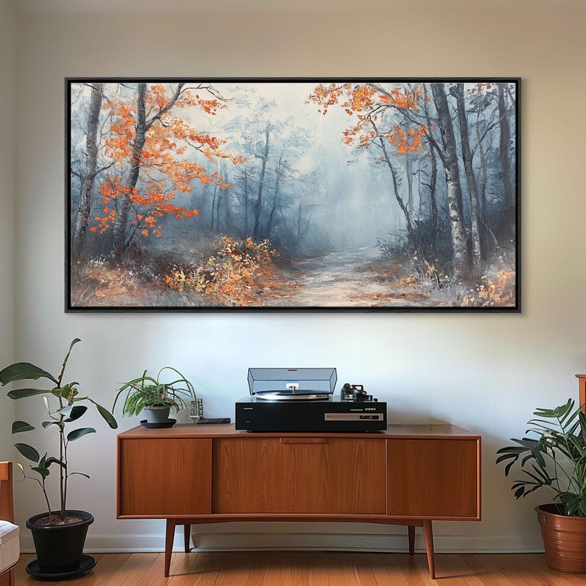 Misty Forest Path Lined With Bright Orange Autumn Trees Poster