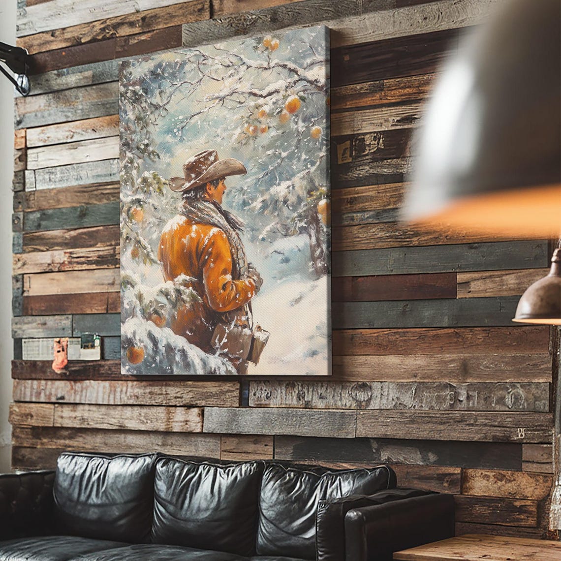 Cowboy In Snowy Orchard Winter Fruit Trees Painterly Western Poster