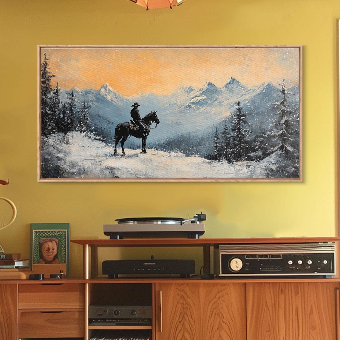 Lone Winter Cowboy On Horseback Snowy Mountain Sunset View Poster - Image 2