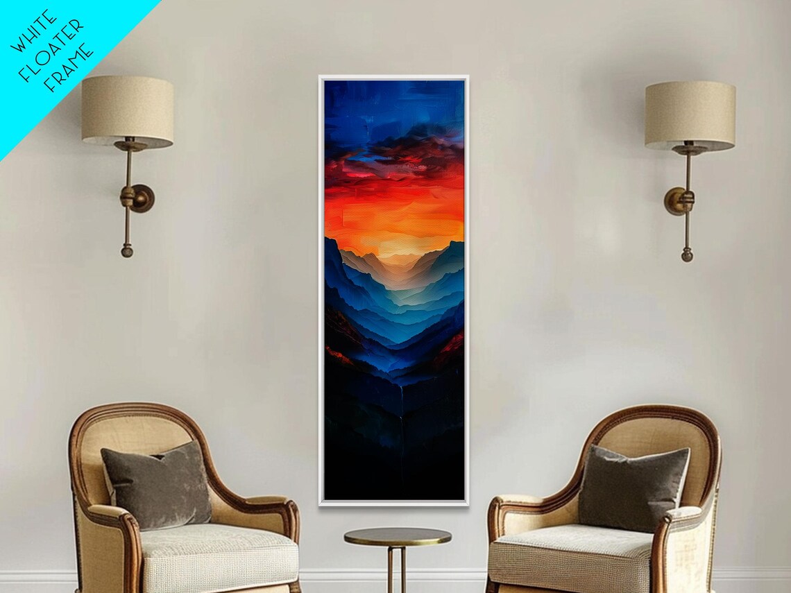 Sunset Over The Mountain Valley Framed Print Midcentury Modern Style Art Modern Decor Abstract Landscape Painting Tall Ar - Image 5