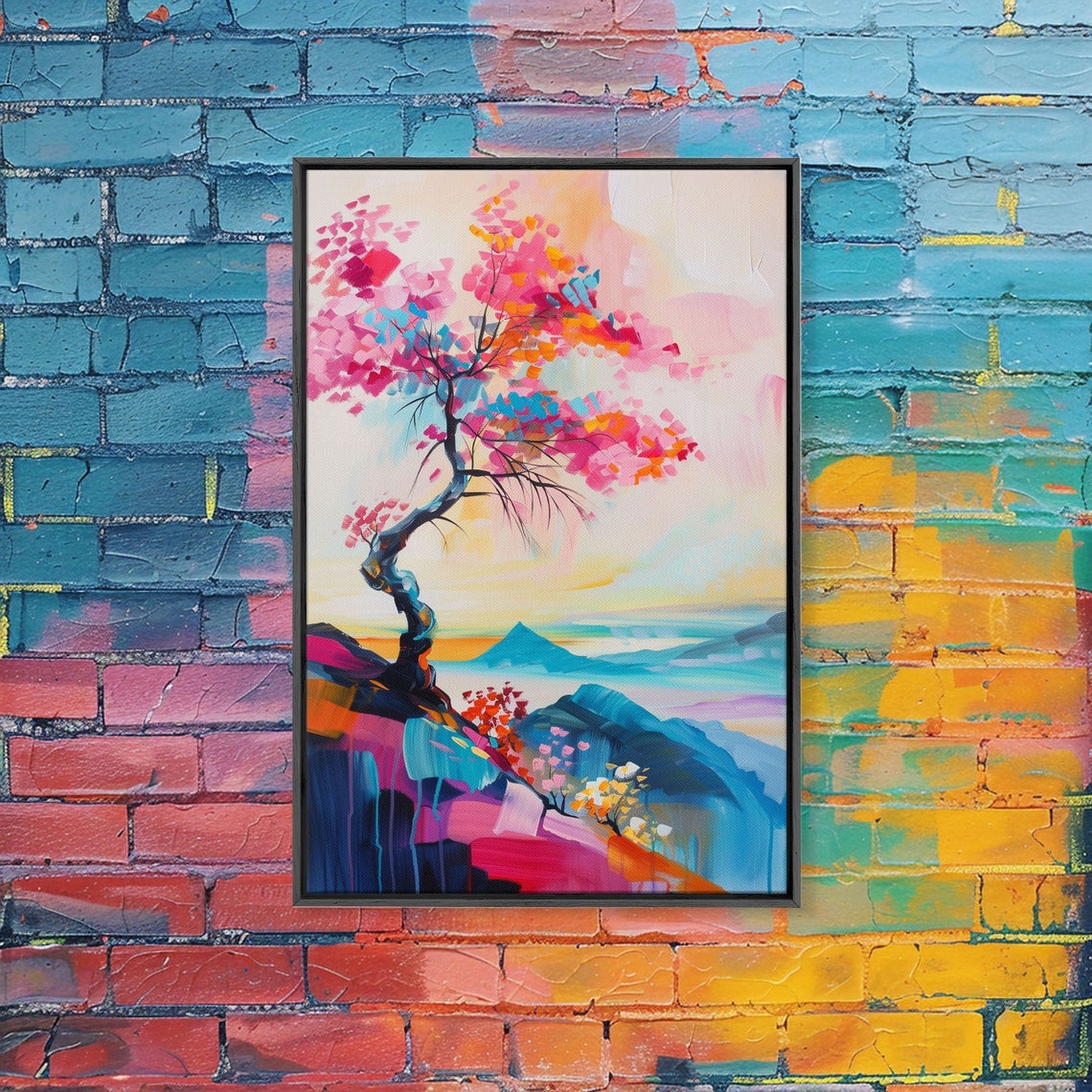 Colorful Tree On A Cliff Framed Print Vibrant Wall Art Living Room Decor Modern Nature Artwork Bold Tree Art Bedroom Decor - Image 3
