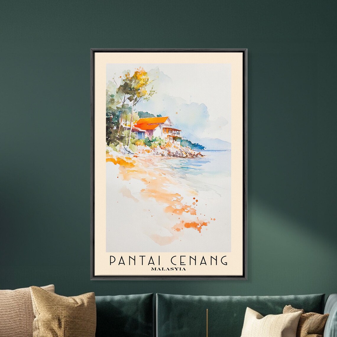 Pantai Cenang Malaysia Red Roof Beach House Watercolor Coastal Poster - Image 5