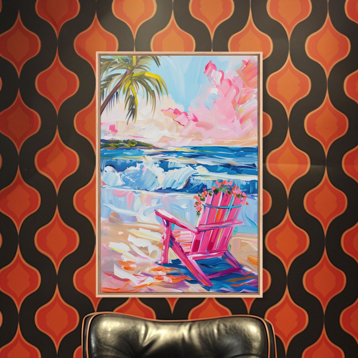 Vibrant Beach Scene With House and Palm Trees Art Print - Image 3