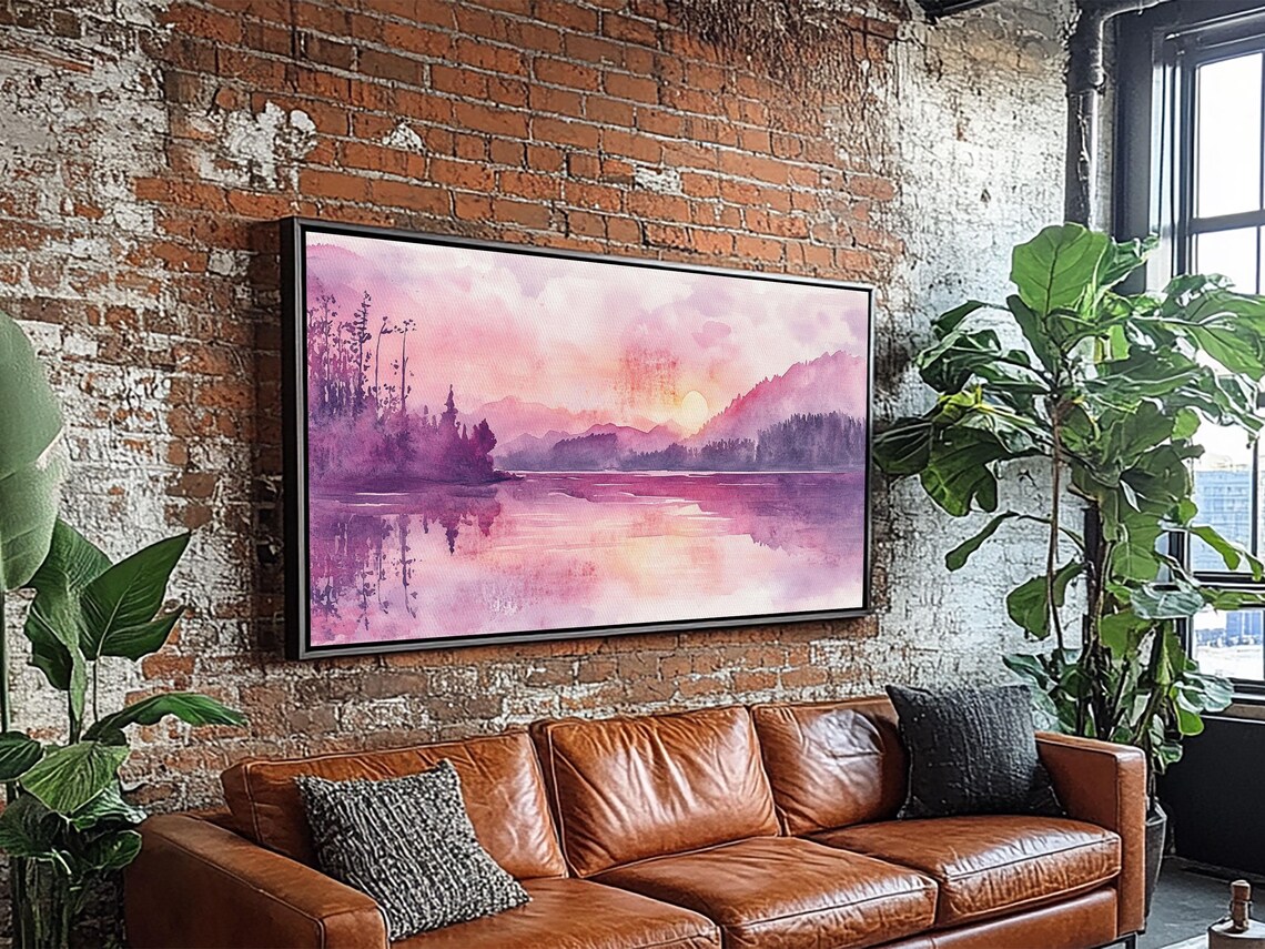 Pink Sunset Lake Landscape Watercolor Mountain Reflections Calm Art Poster - Image 2
