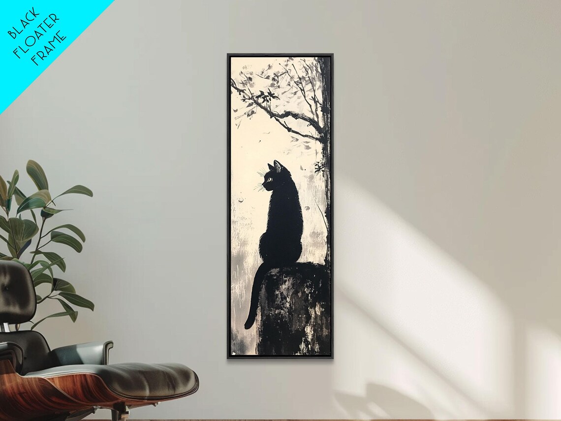 Black Cat Silhouette Night Branch Minimalist Ink Wash Wall Art - Image 6