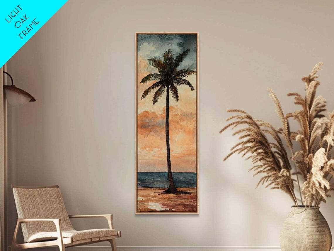 Tropical Palm Tree Sunset Beach Ocean Waves Watercolor Wall Art - Image 5