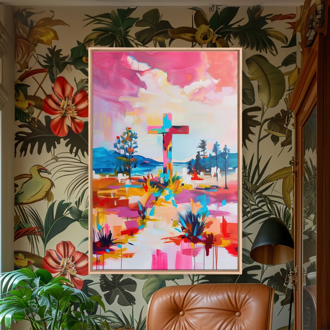 Colorful Cross Abstract Landscape Pink Blue Modern Faith Wall Art - Image 4