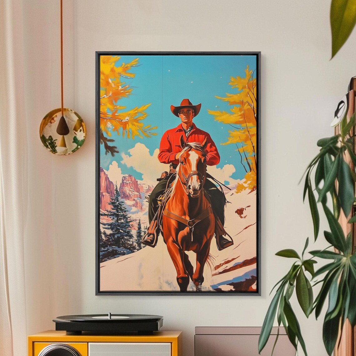 Cowboy Riding Horse Snowy Mountain Red Shirt Western Art Poster - Image 5