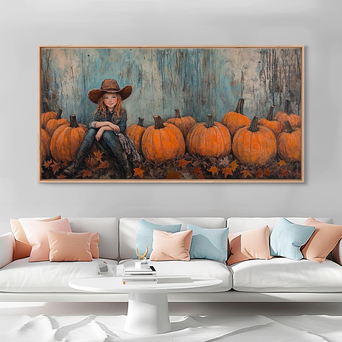 Young Cowgirl Sitting Among A Row Of Pumpkins Rustic Fall Art Print - Image 4