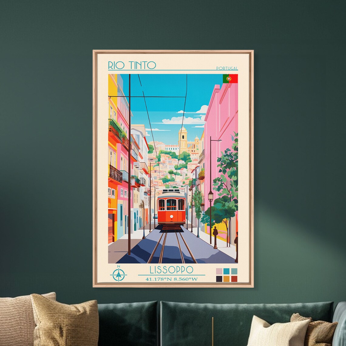 Rio Tinto Portugal Colorful Street Red Tram Old Town Travel Poster