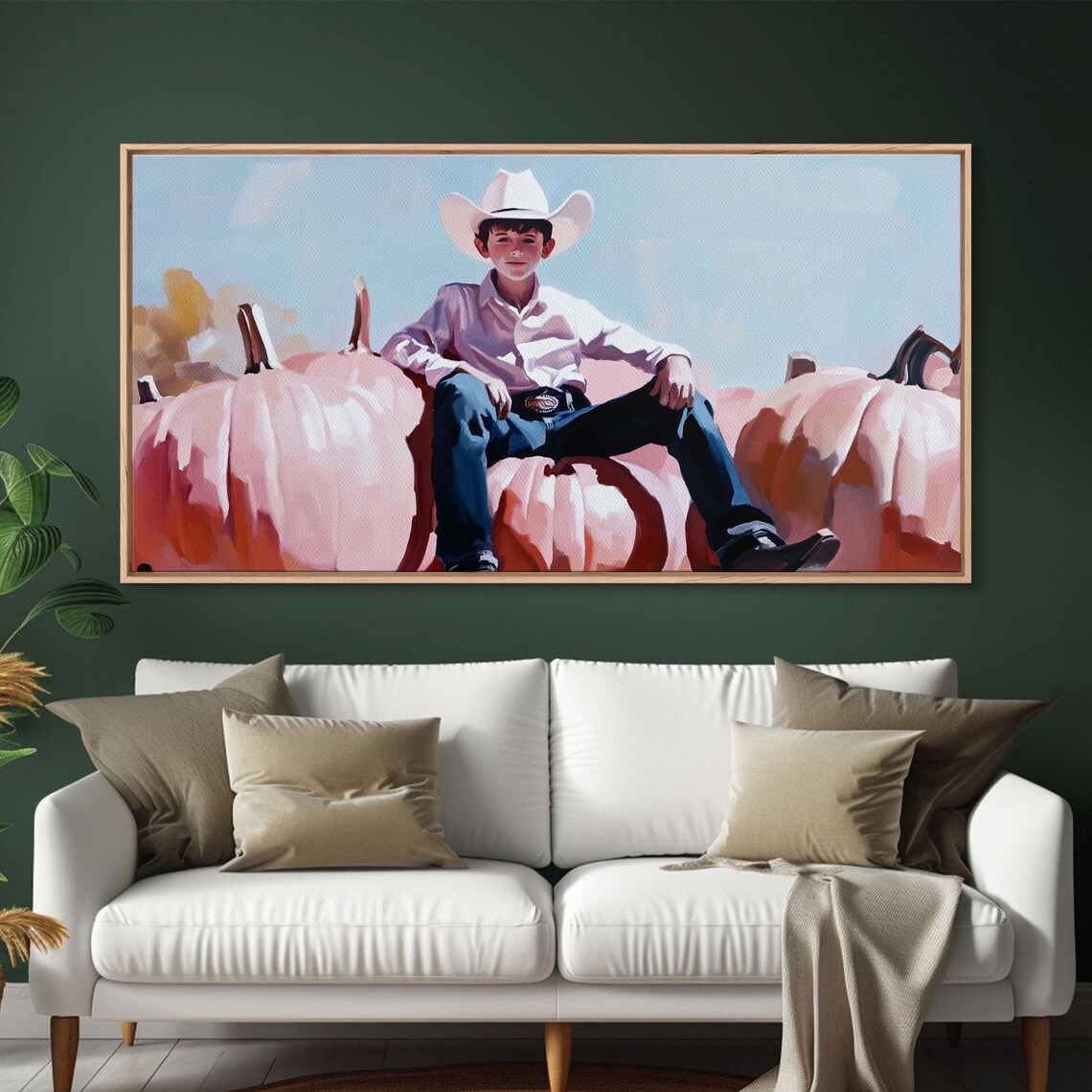Little Cowboy In White Hat Sitting On Giant Pink Pumpkins Retro Poster - Image 6