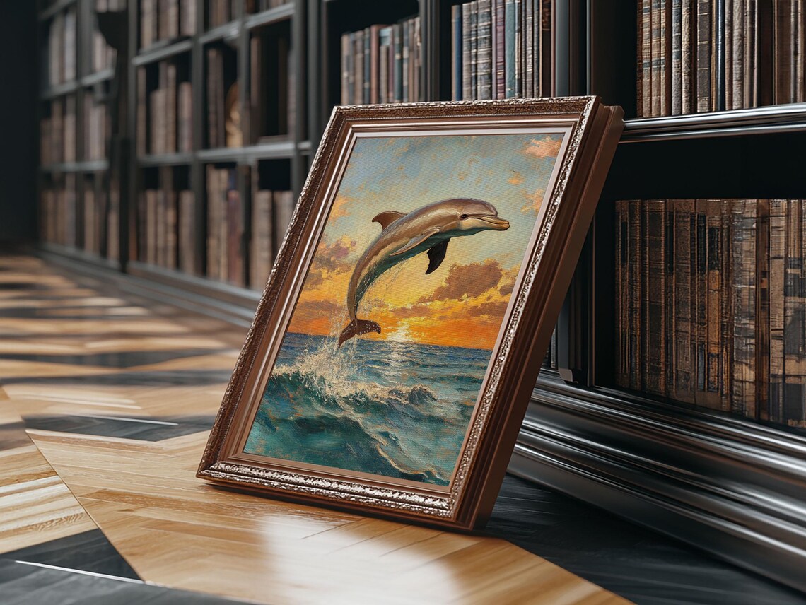 Dolphin Jumping At Sunset Framed Print Dolphin Painting Dolphin Decor Dolphin Wall Art Nuevart - Image 3