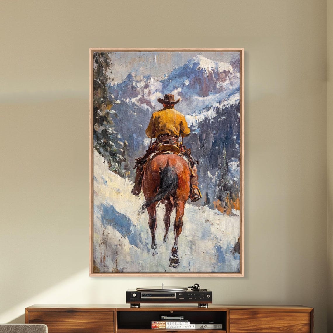 Cowboy On Horseback Snowy Mountain Valley Trail Western Poster - Image 4